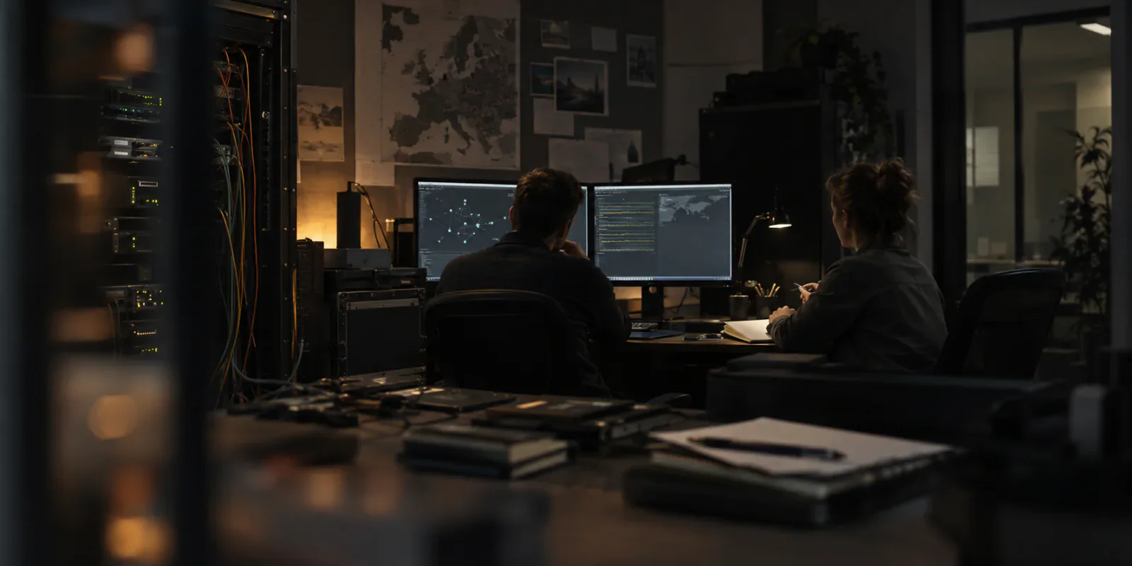 An adversarial review session against a deployed system, at night