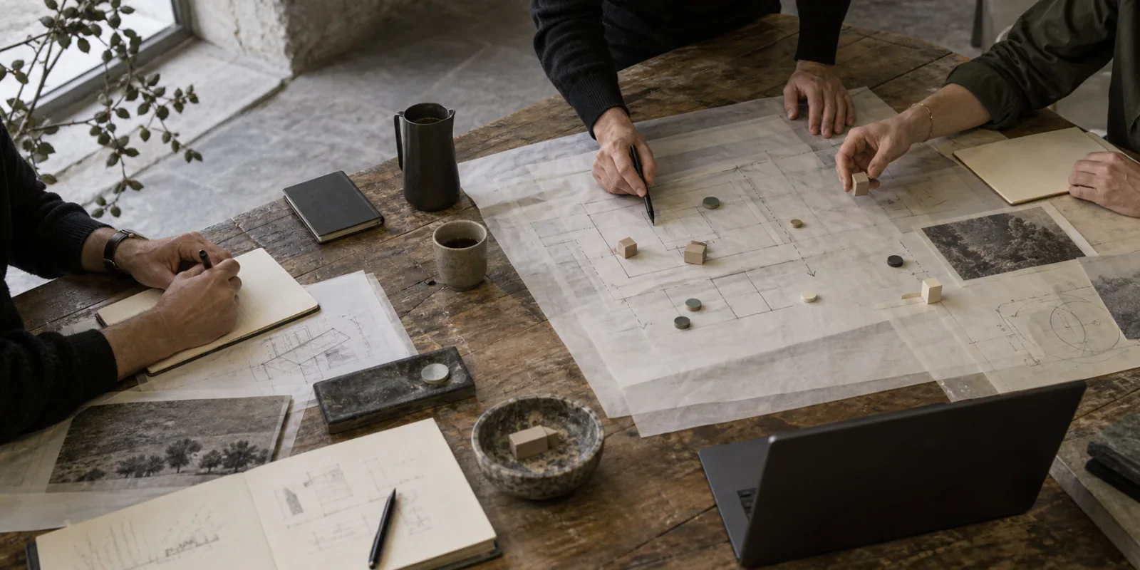 Architecture and workflow options worked through on paper and physical models