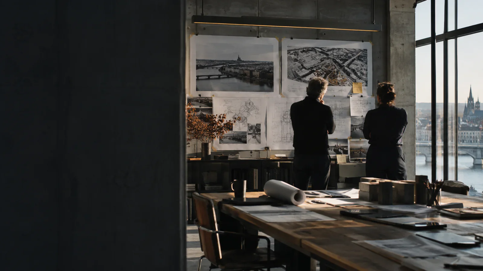 Two engineers working through a system design on drawings and physical models